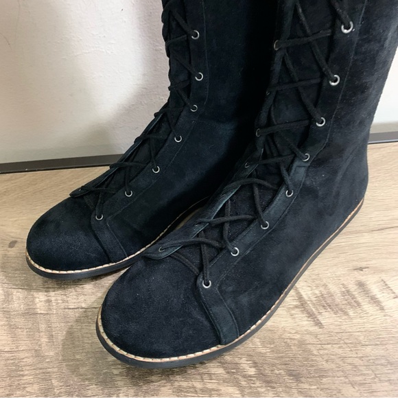 Women's VIONNET PARIS Black Suede OTK Over The Knee LACE UP Flat DESIGNER BOOTS - Picture 6 of 9